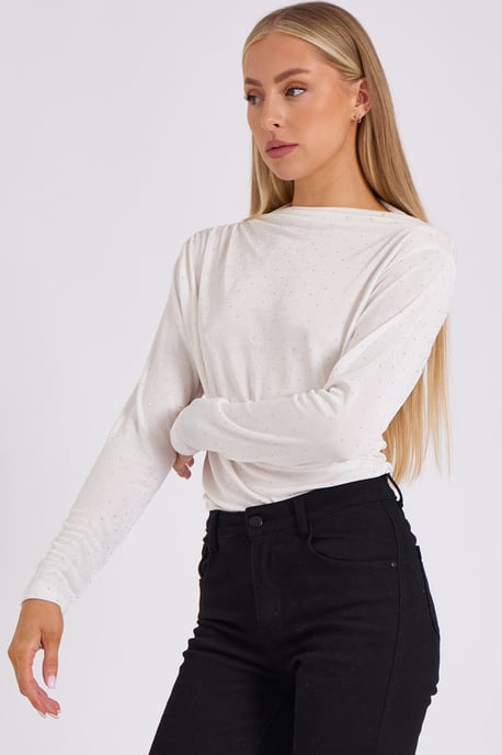White Diamante Stud Cowl Front Bodysuit - Image 3