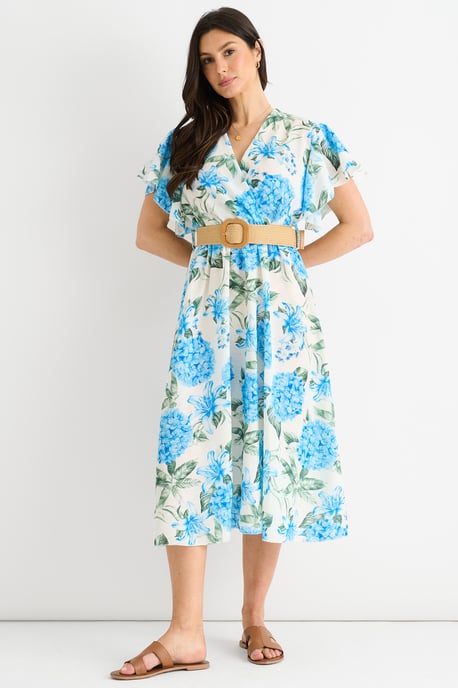 Blue Floral Print Angel Sleeves Belted Wrap Midi Dress - Image 1
