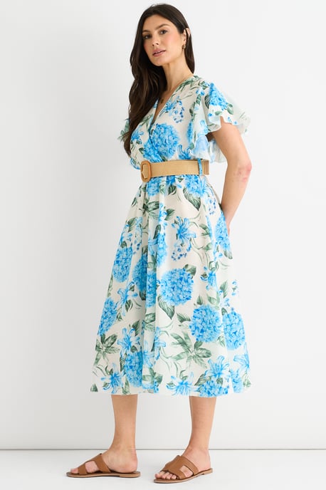 Blå blommig print, änglavingar, bälte, omlottklänning i midilängd - Image 3