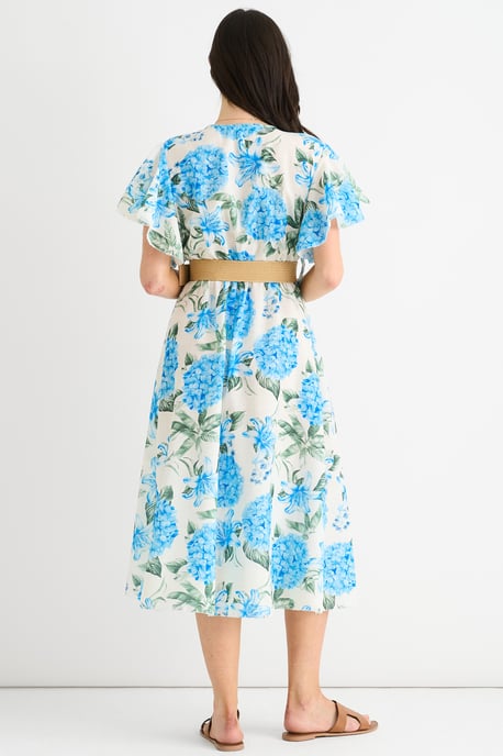 Blå blommig print, änglavingar, bälte, omlottklänning i midilängd - Image 4