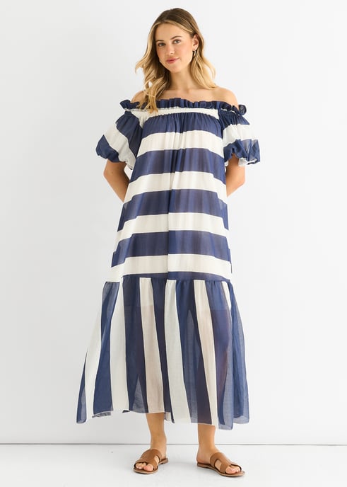 Blue Cotton Voil Bardot Stripe Midaxi Dress - Image 3