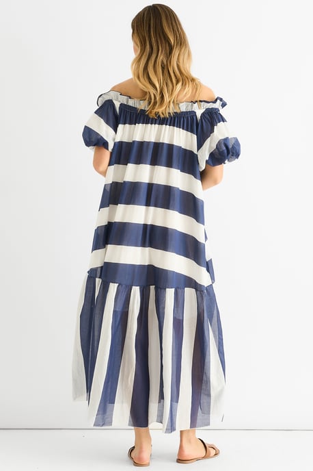 Blue Cotton Voil Bardot Stripe Midaxi Dress - Image 4
