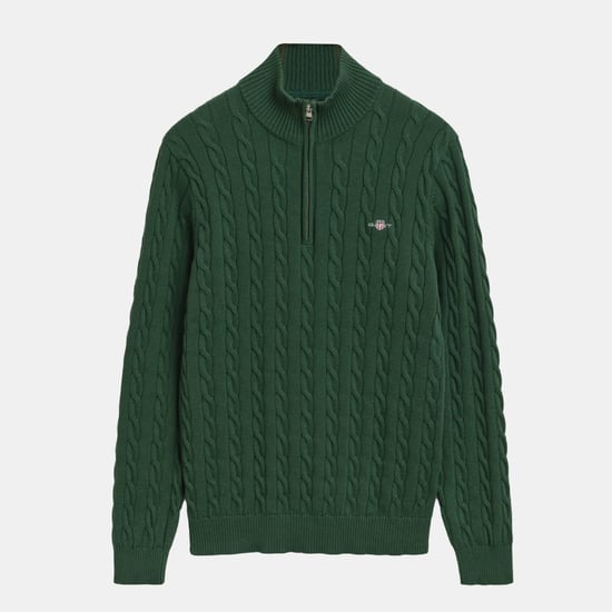 Men's Gant Cotton Cable Half Zip Fleece in Green - Image 1