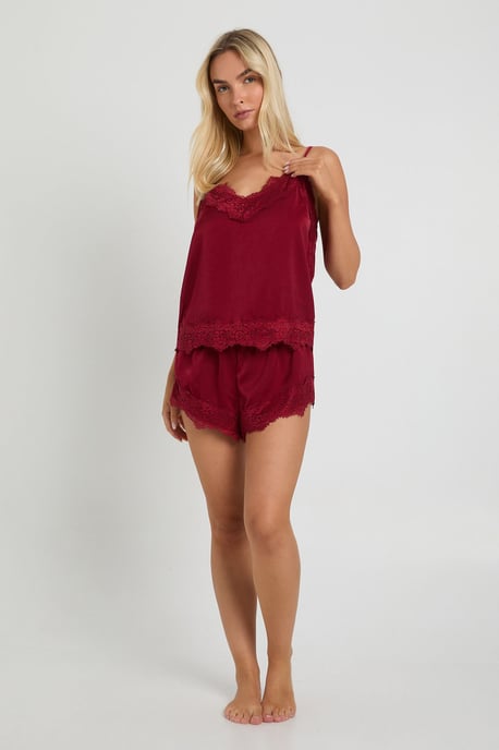 Eyelash Lace Trim Satin Cami & Shorts Pyjama Set - Image 3