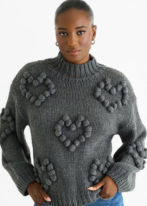 Dark Grey Heart Bubble Chunky Knit High Neck Jumper - Image 2