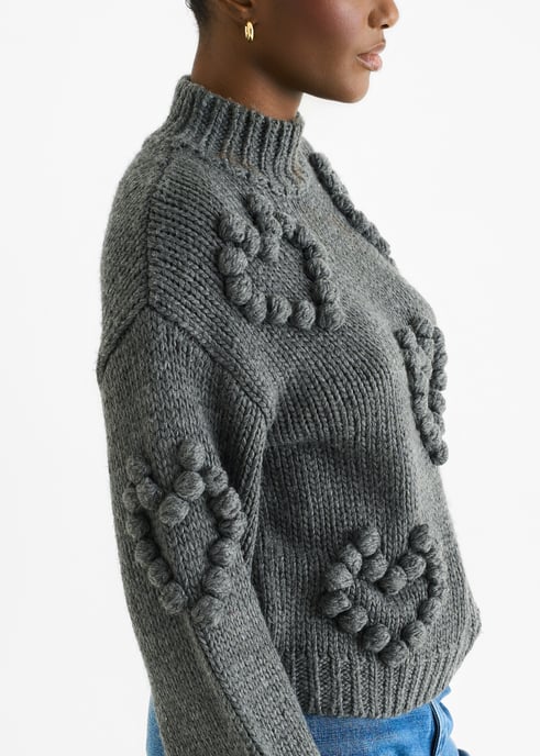Dark Grey Heart Bubble Chunky Knit High Neck Jumper - Image 3
