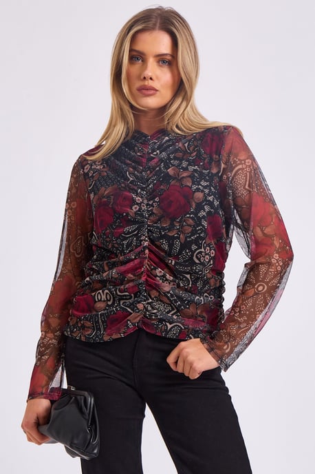 Mesh Printed Ruched Front Top - Image 2