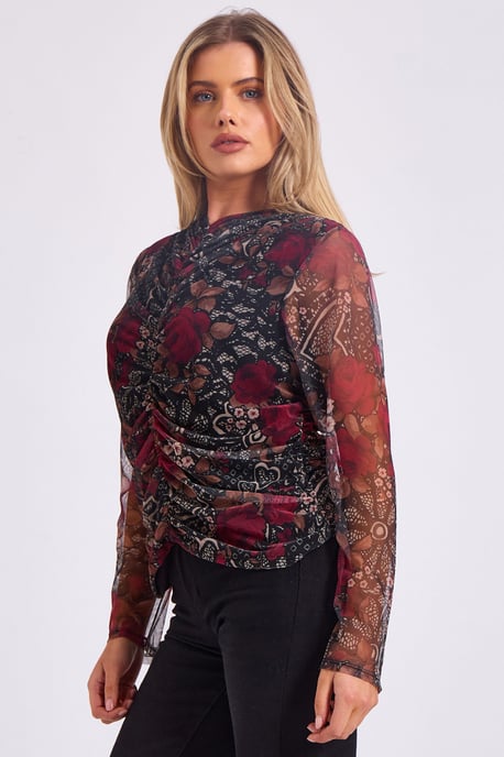Mesh Printed Ruched Front Top - Image 3