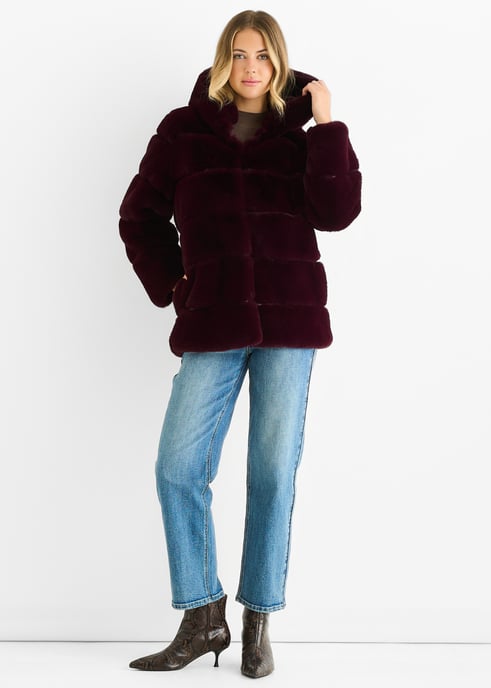 Dark Burgundy Horizontal Cut Fur Hooded Jacket - Image 1