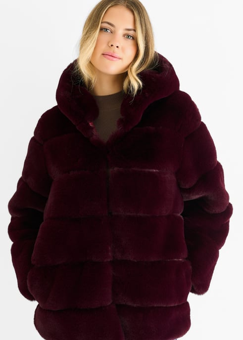 Dark Burgundy Horizontal Cut Fur Hooded Jacket - Image 2