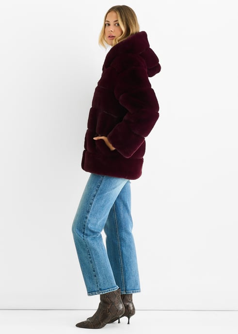 Dark Burgundy Horizontal Cut Fur Hooded Jacket - Image 3