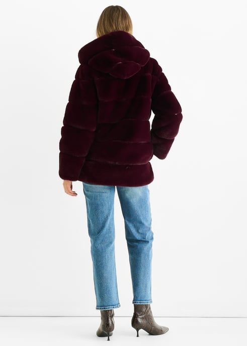 Dark Burgundy Horizontal Cut Fur Hooded Jacket - Image 4