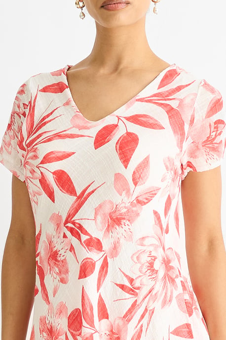 Red Floral Print Cotton V Neck Dress - Image 2