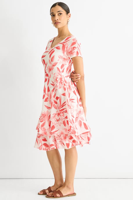 Red Floral Print Cotton V Neck Dress - Image 3