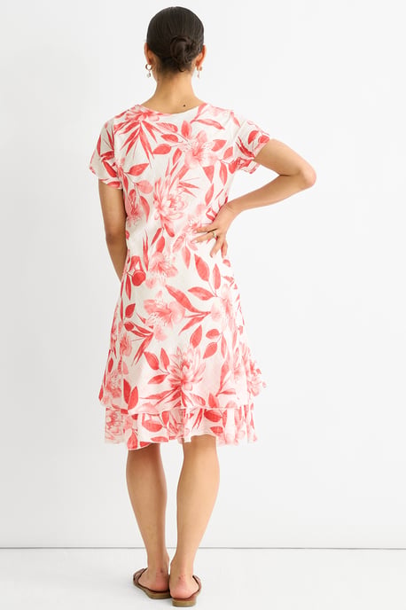 Red Floral Print Cotton V Neck Dress - Image 4