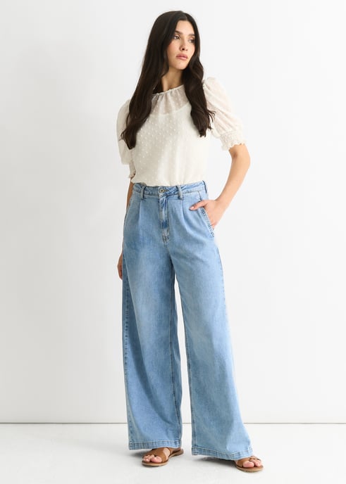 Mid Wash Denim Blue Wide Leg Jeans - Image 1
