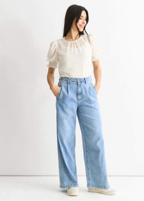 Mid Wash Blue Denim Wide Leg Jeans - Image 1