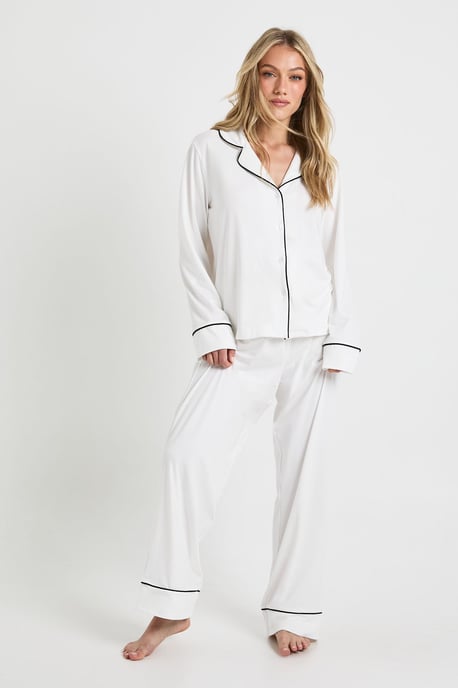 Petite Jersey Piping Detail Long Sleeve Shirt & Trousers Pyjama Set - Image 3