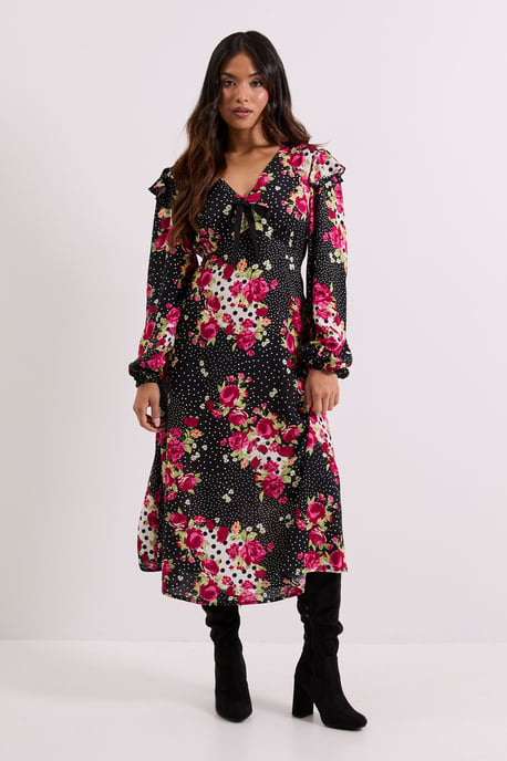 Petite Patchwork Floral Contrast Bow Detail Frill Printed Midaxi Dress - Image 1
