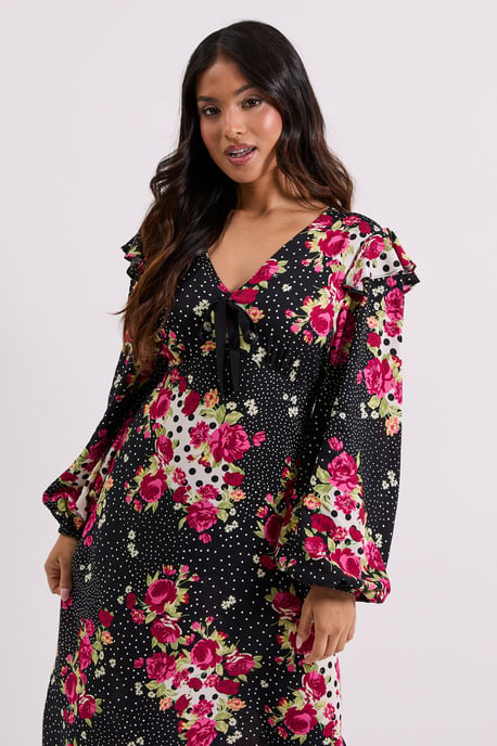 Petite Patchwork Floral Contrast Bow Detail Frill Printed Midaxi Dress - Image 2
