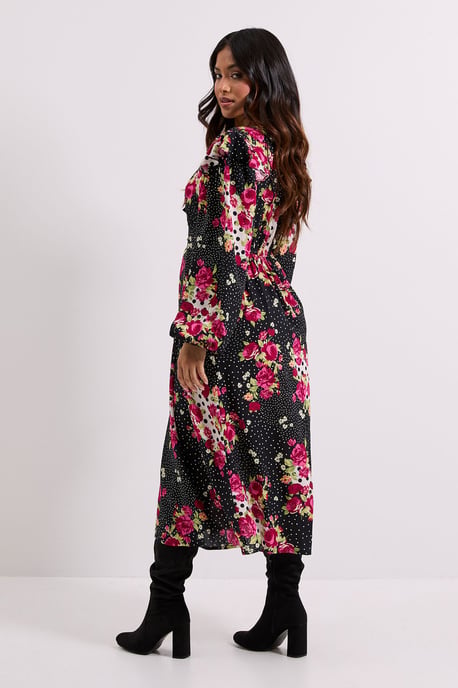 Petite Patchwork Floral Contrast Bow Detail Frill Printed Midaxi Dress - Image 3