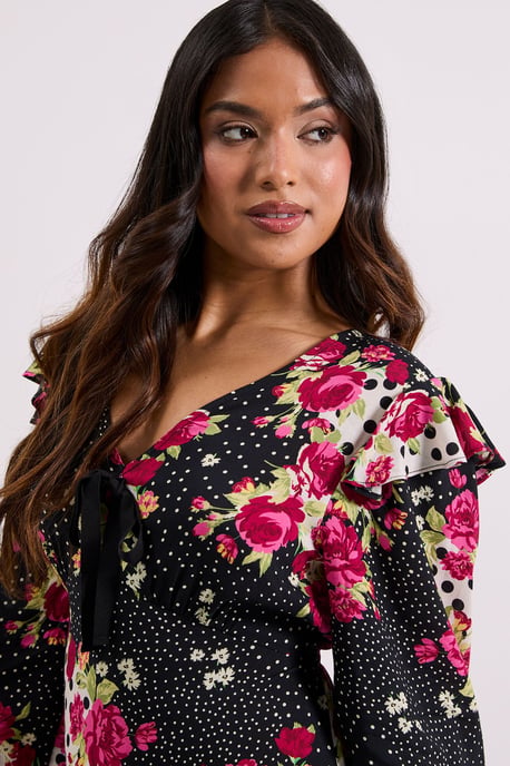 Petite Patchwork Floral Contrast Bow Detail Frill Printed Midaxi Dress - Image 4
