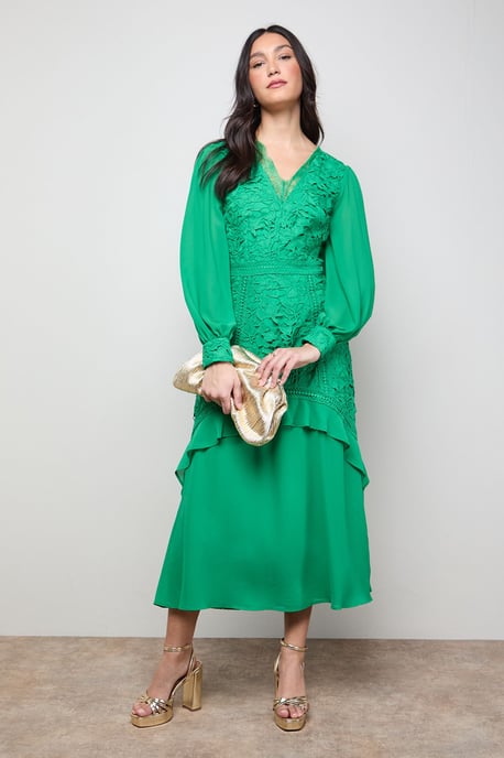 Lace Puff Sleeve V Neck Midaxi Dress - Image 1