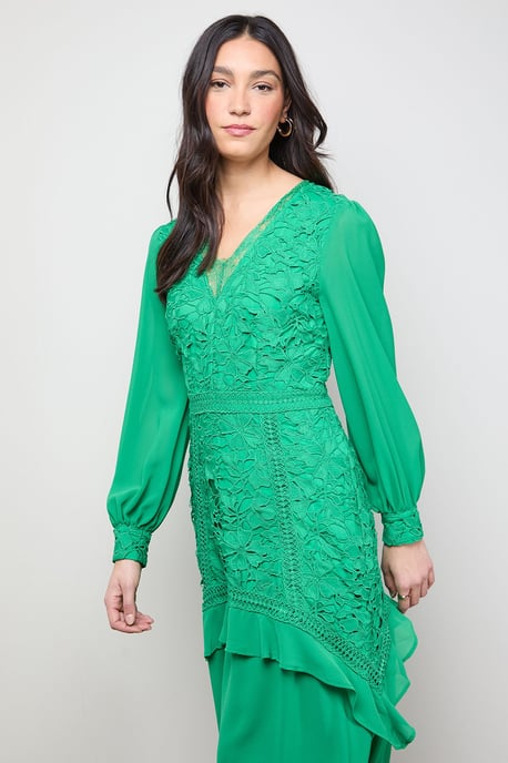 Lace Puff Sleeve V Neck Midaxi Dress - Image 2