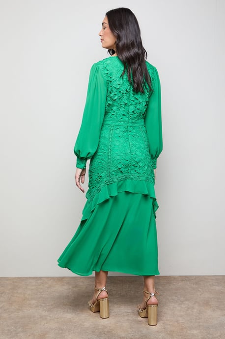Lace Puff Sleeve V Neck Midaxi Dress - Image 3