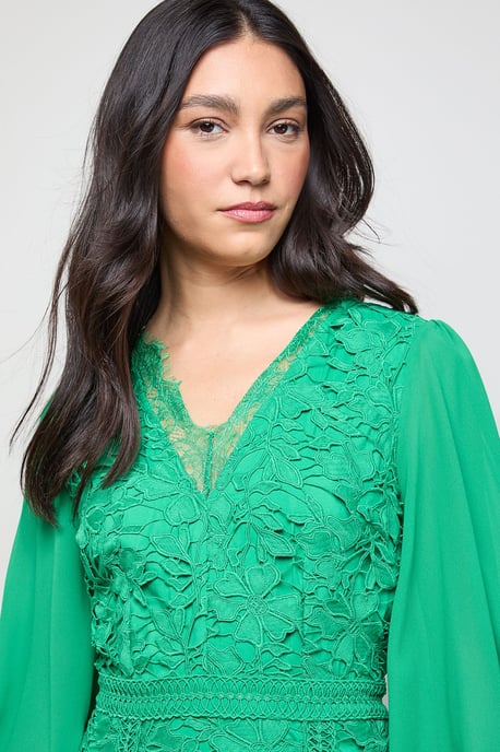 Lace Puff Sleeve V Neck Midaxi Dress - Image 4