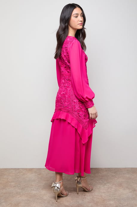 Lace Puff Sleeve V Neck Midaxi Dress - Image 3