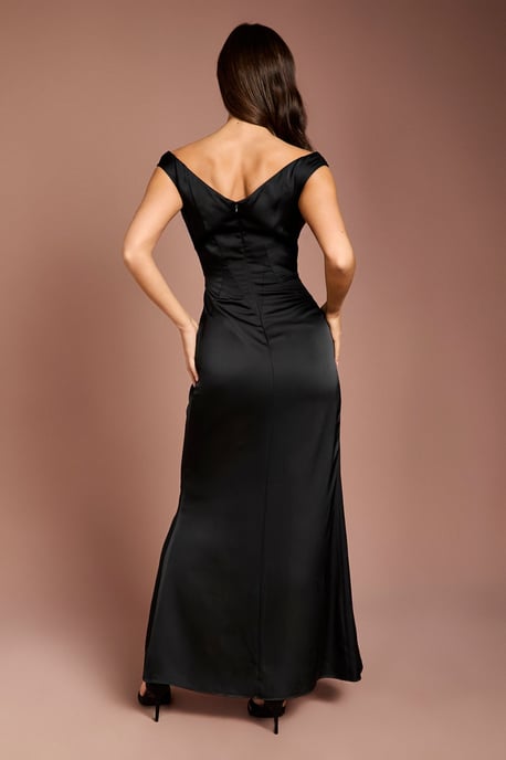 Satin Bardot Bridesmaid Maxi Dress with Waist Ruching Detail - Image 3