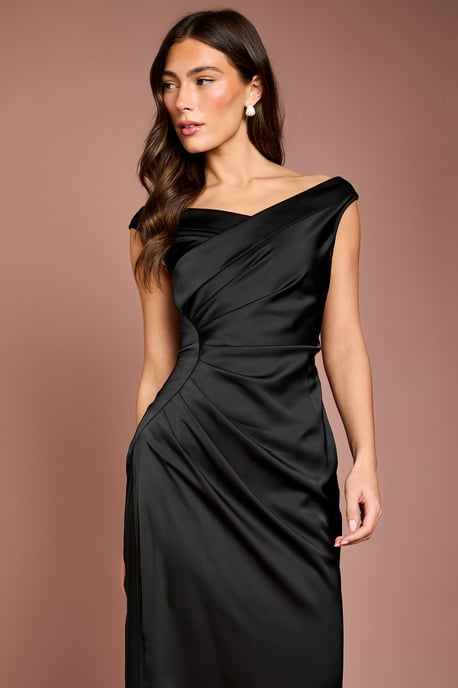 Satin Bardot Bridesmaid Maxi Dress with Waist Ruching Detail - Image 4