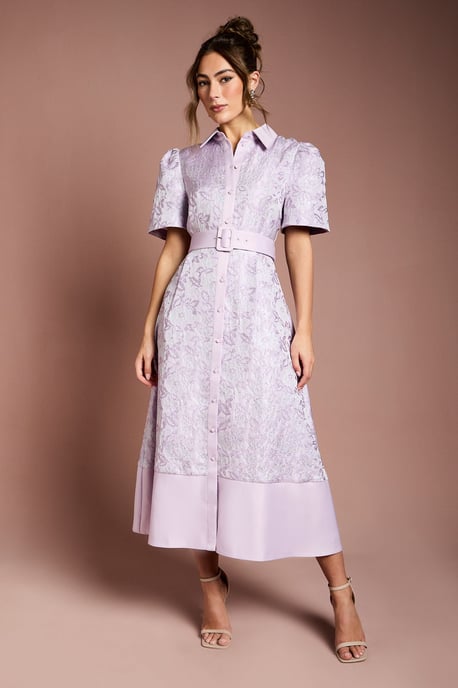 Short Sleeve Shirt Jacquard Midi Dress - Image 1