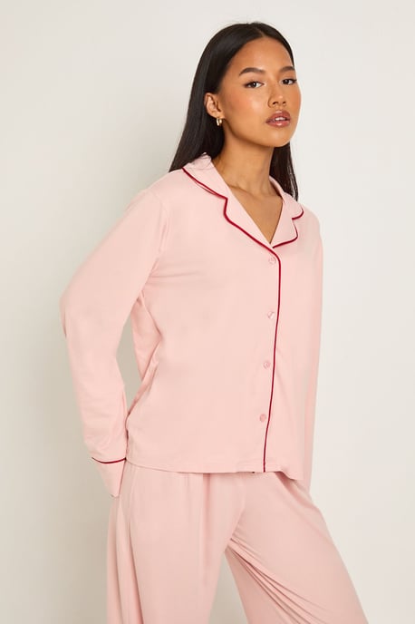 Petite Piping Detail Long Sleeve Shirt & Trouser Pyjama Set - Image 3