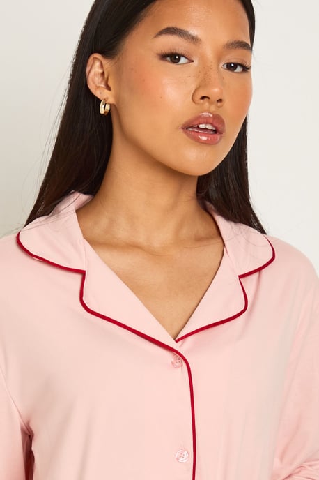 Petite Piping Detail Long Sleeve Shirt & Trouser Pyjama Set - Image 4