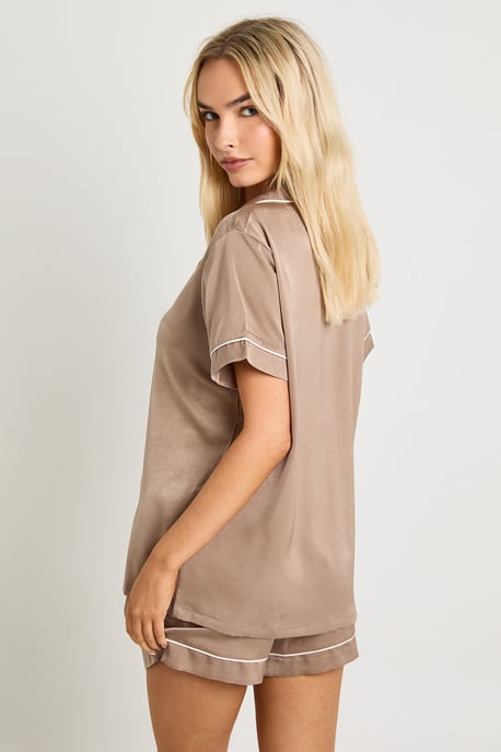 Satin Piping Detail Short Sleeve Shirt & Shorts Pyjama Set - Image 2