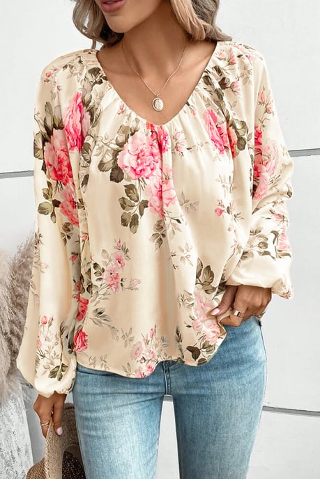 Beige blus med blommönster och lanternärm, V-ringning - Image 2