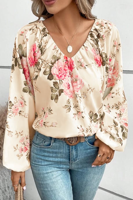 Beige blus med blommönster och lanternärm, V-ringning - Image 3