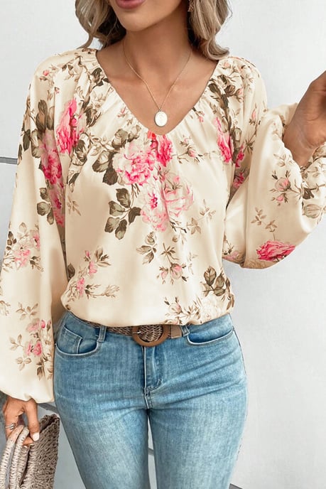 Beige blus med blommönster och lanternärm, V-ringning - Image 4