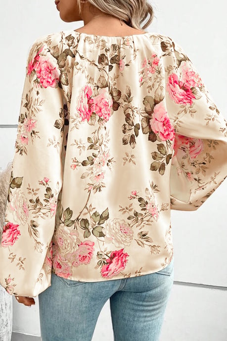 Beige blus med blommönster och lanternärm, V-ringning - Image 6