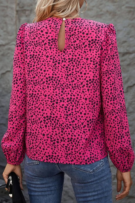 Rosenleopardmönstrad Fodrad Blus Med Nyckelhål - Image 5