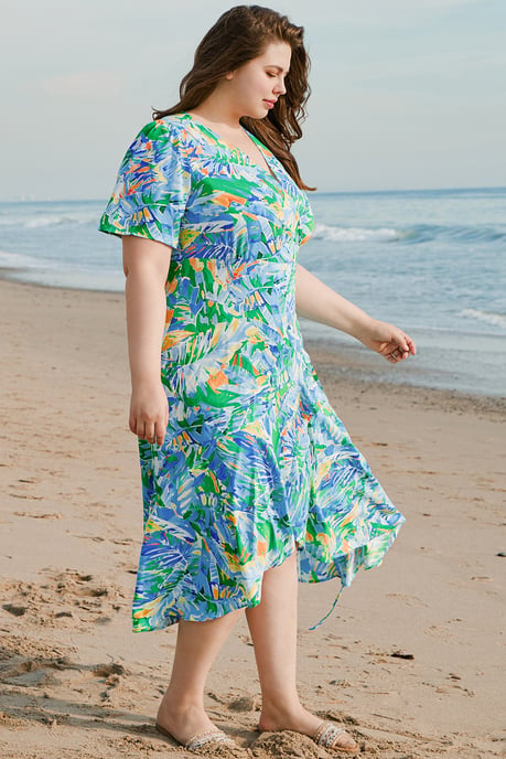 Plus Size Tropische Bloemen Wikkeljurk - Image 3