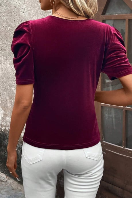 Bordeaux Korte Puff Mouw Velours Top - Image 4