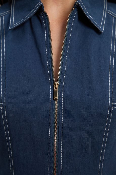 Tencel Cotton Contrast Stitch Zip Front Woven Jumpsuit - Image 3