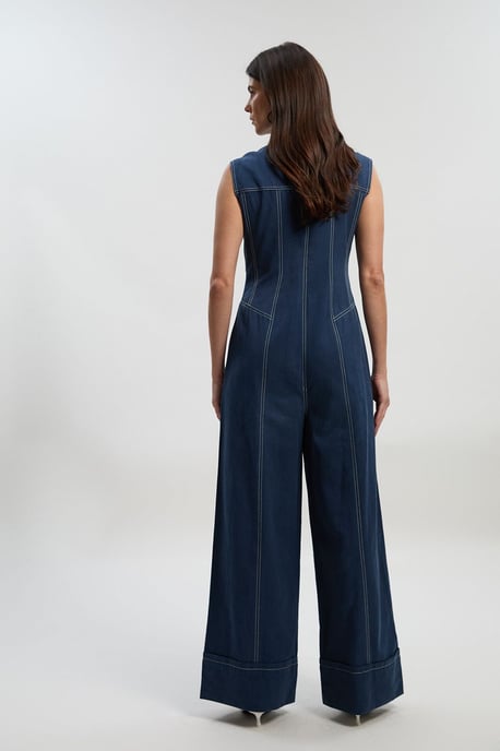 Tencel Cotton Contrast Stitch Zip Front Woven Jumpsuit - Image 5