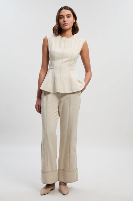 Tencel Cotton Contrast Zip Up Woven Peplum Top - Image 3