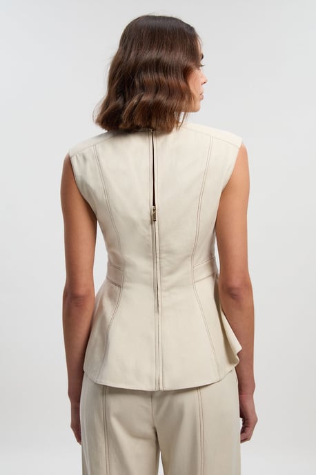 Tencel Cotton Contrast Zip Up Woven Peplum Top - Image 4
