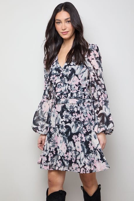 Printed Pleated Skirt Long Sleeve Mini Dress - Image 2