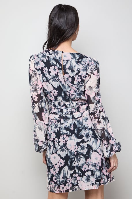 Printed Pleated Skirt Long Sleeve Mini Dress - Image 3